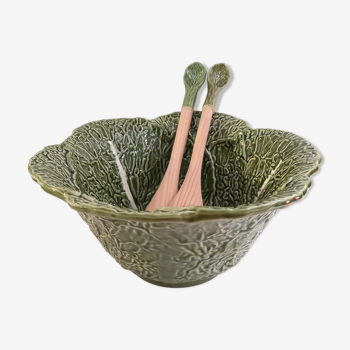 Vintage salad bowl in dabbling cabbage leaf and cutlery