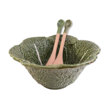 Vintage salad bowl in dabbling cabbage leaf and cutlery