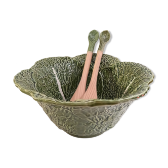 Vintage salad bowl in dabbling cabbage leaf and cutlery