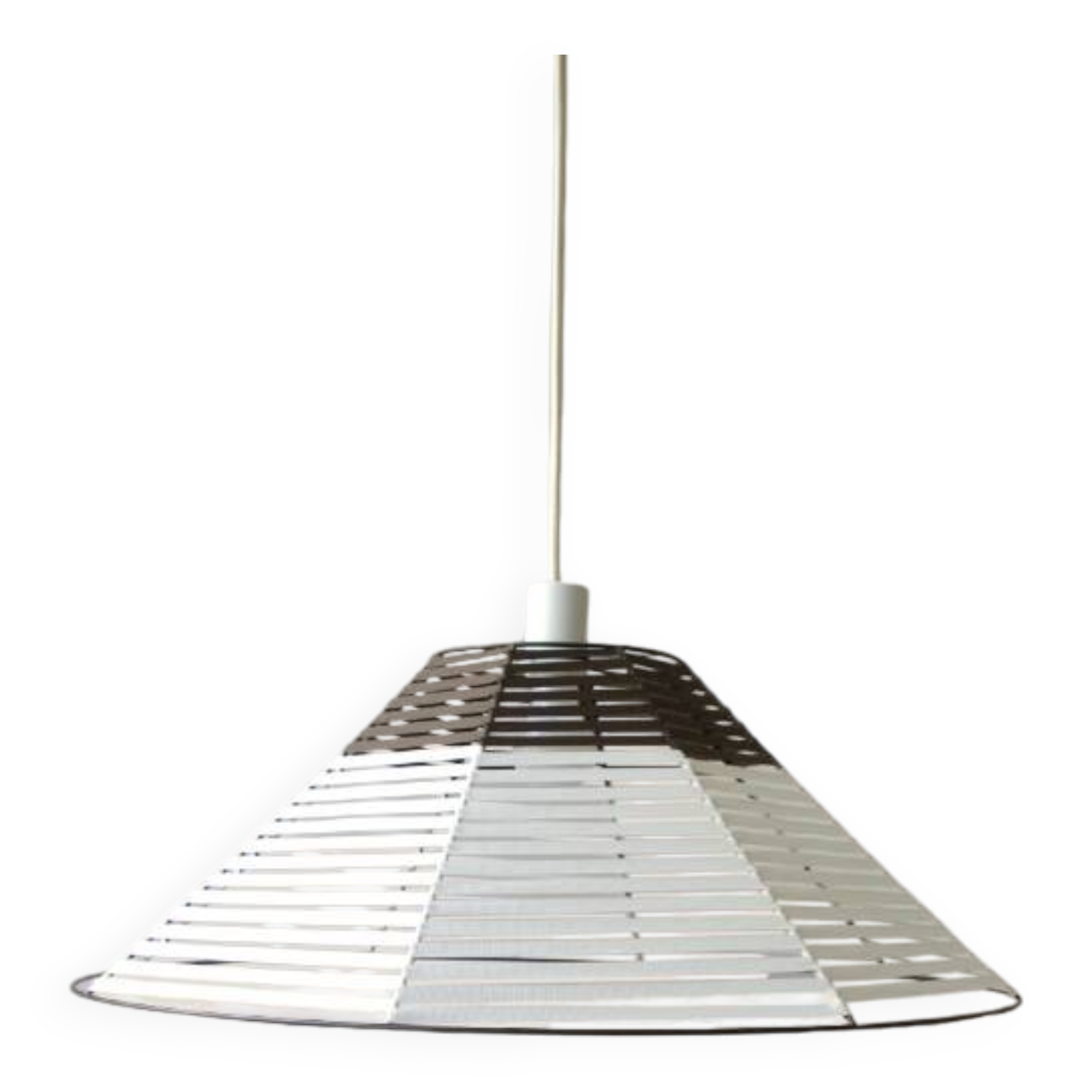 Woven bell suspension on metal structure.