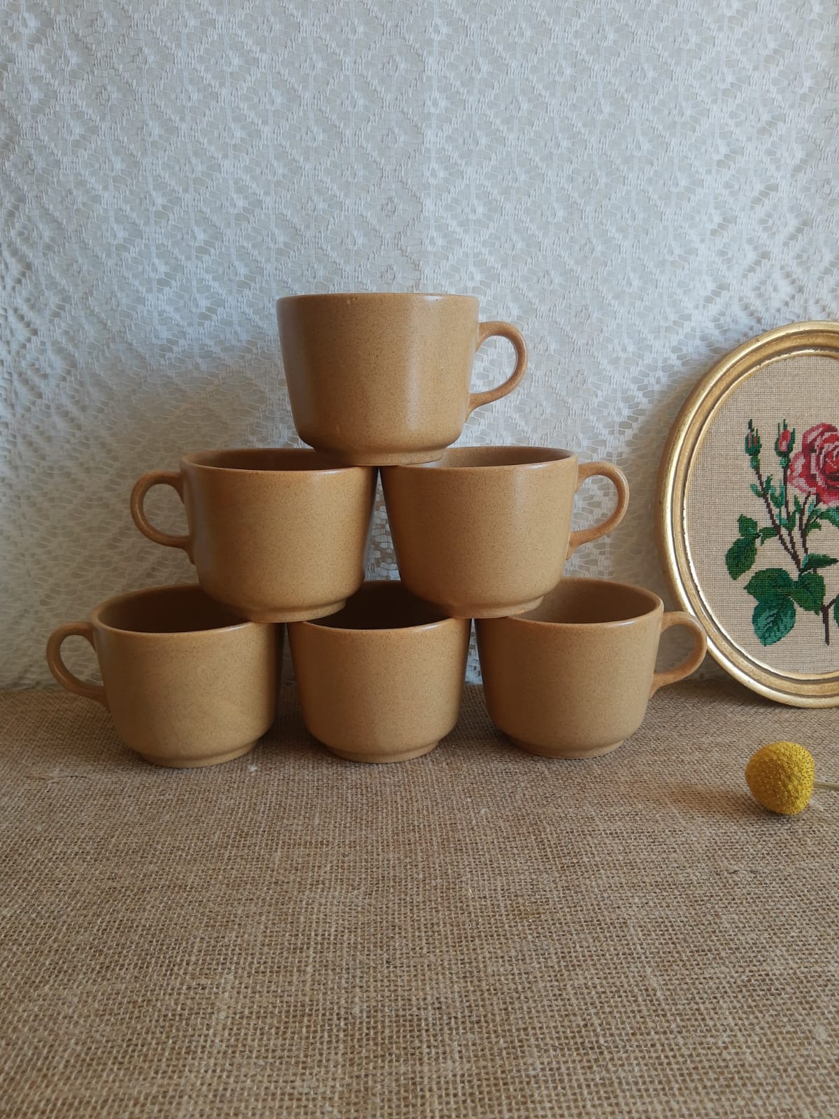 Set 6 coffee cups in sarreguemines sandstone france vintage