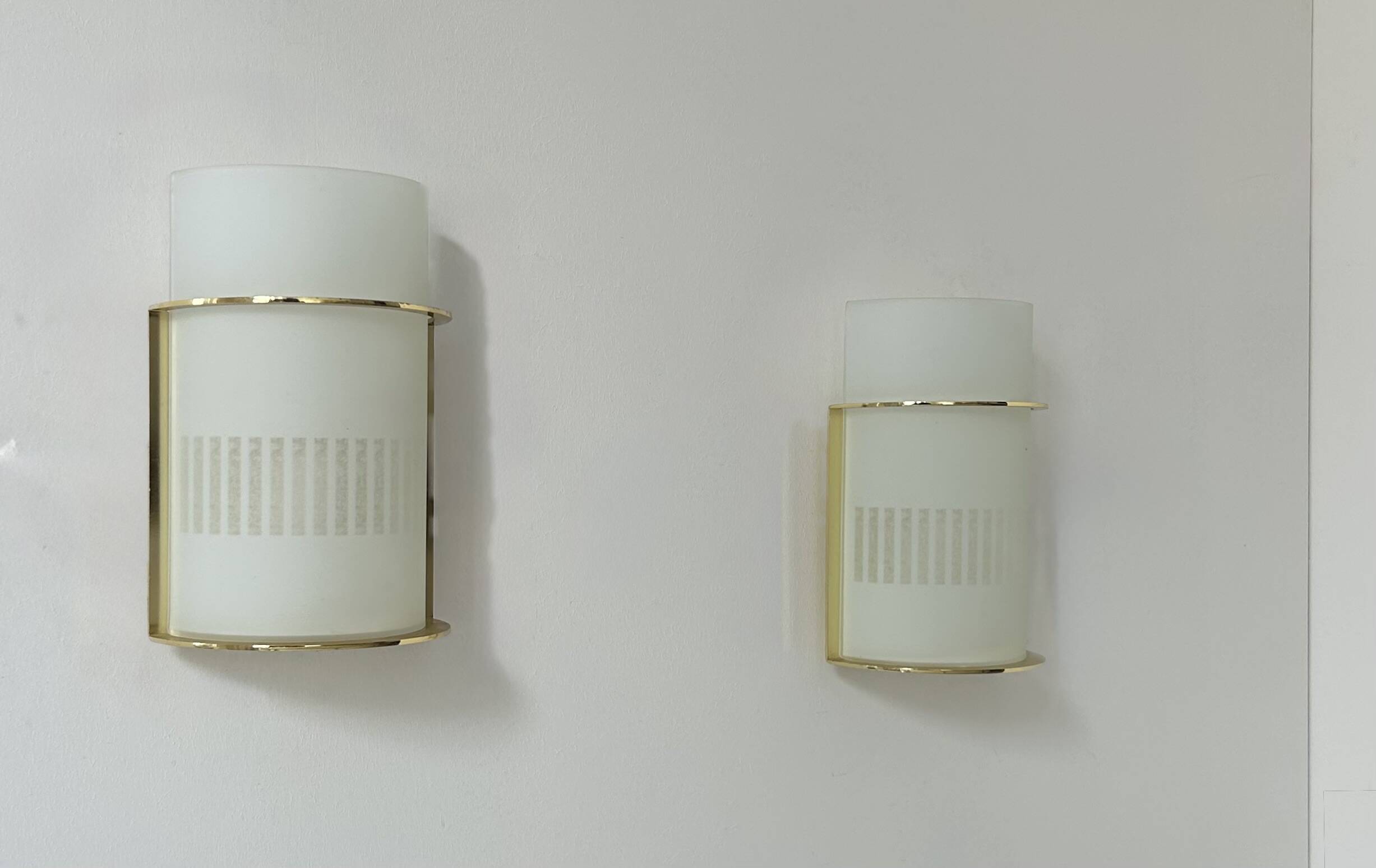 Pair of vintage brass and sandblasted glass wall lights, France 1970