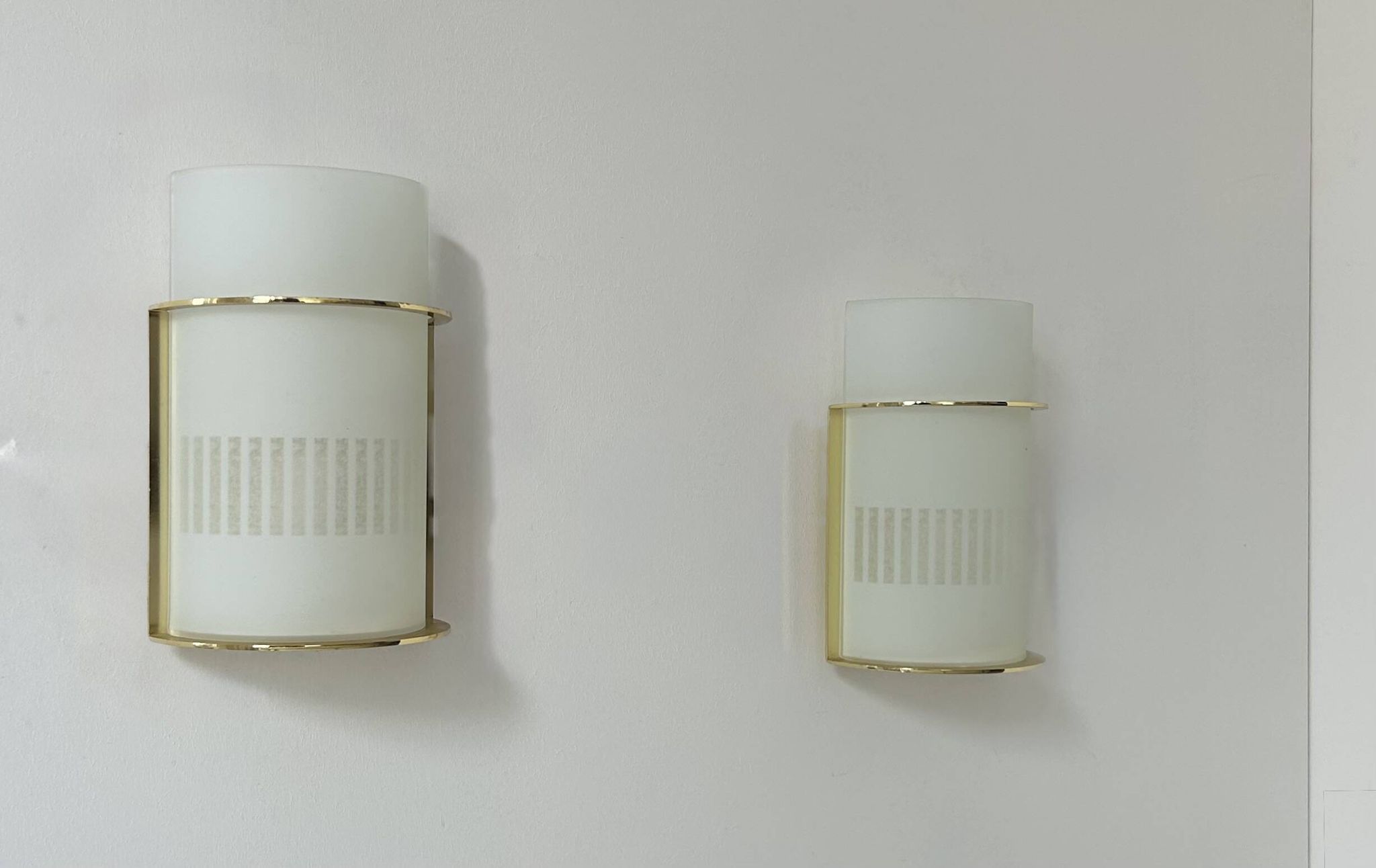 Pair of vintage brass and sandblasted glass wall lights, France 1970