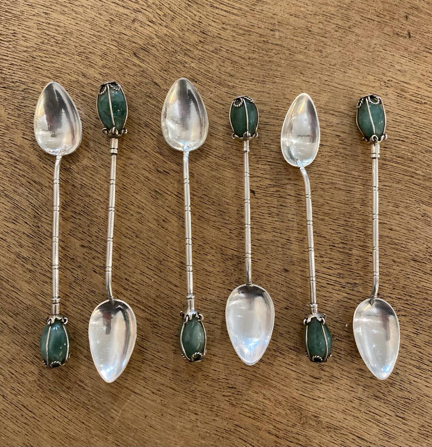 Box of 6 antique silver and jade spoons
