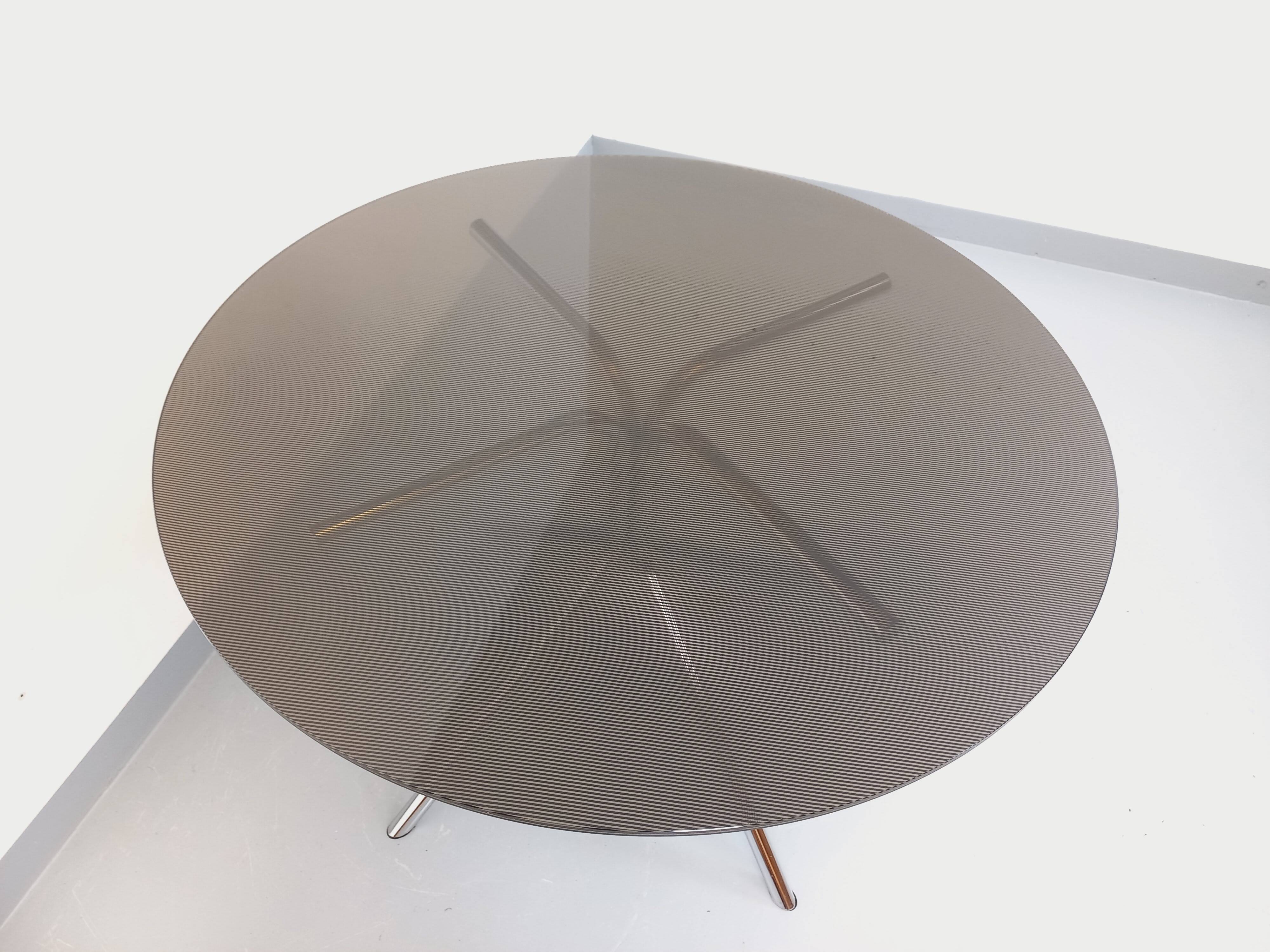 Vintage dining table in smoked glass plexiglass and chrome metal.