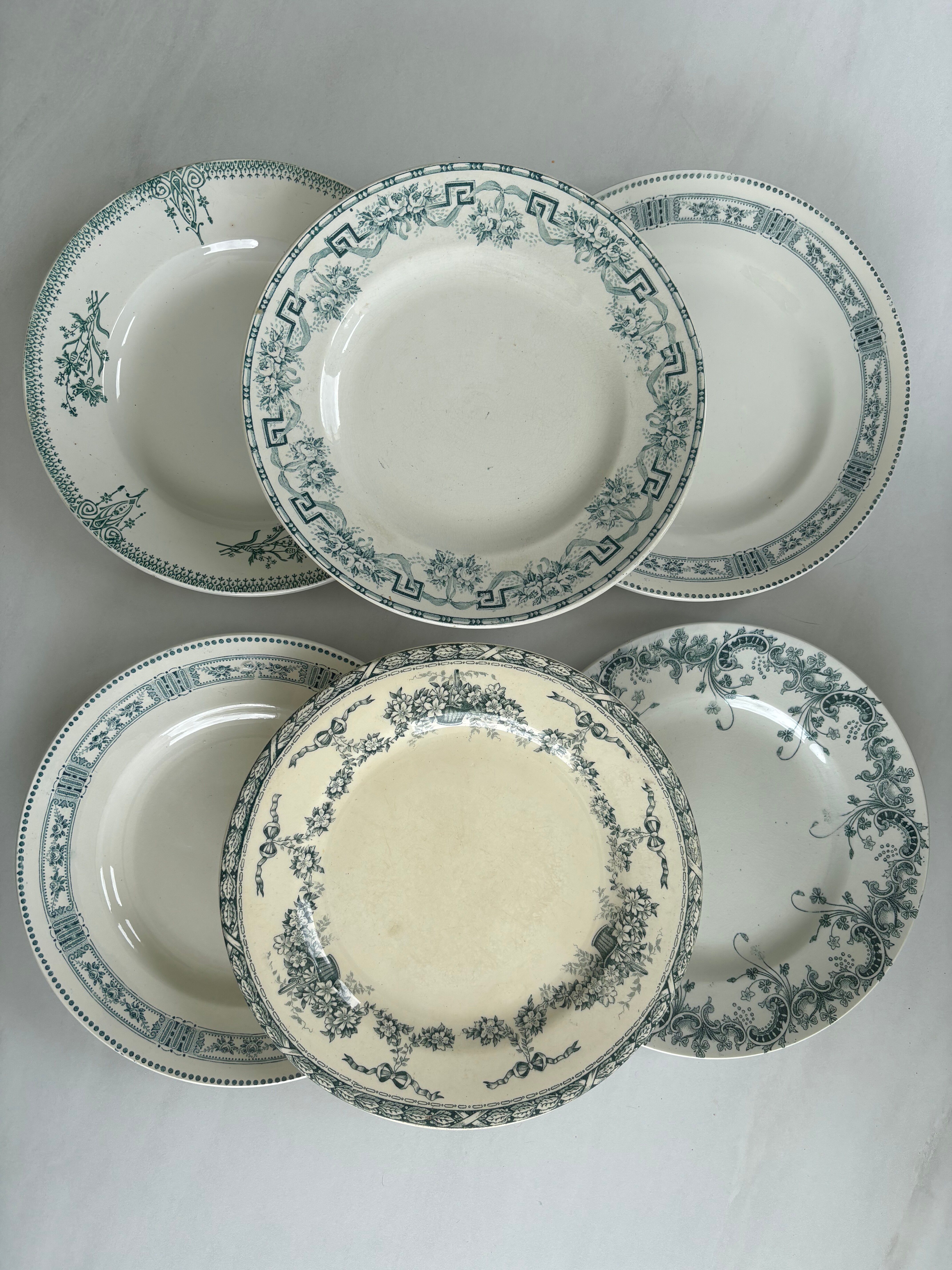 Lot of 6 blue-green ironstone plates, antique French earthenware.