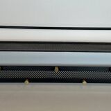 Coat rack in black lacquered metal, perforated sheet metal and brass in the style of Mathieu Matégot