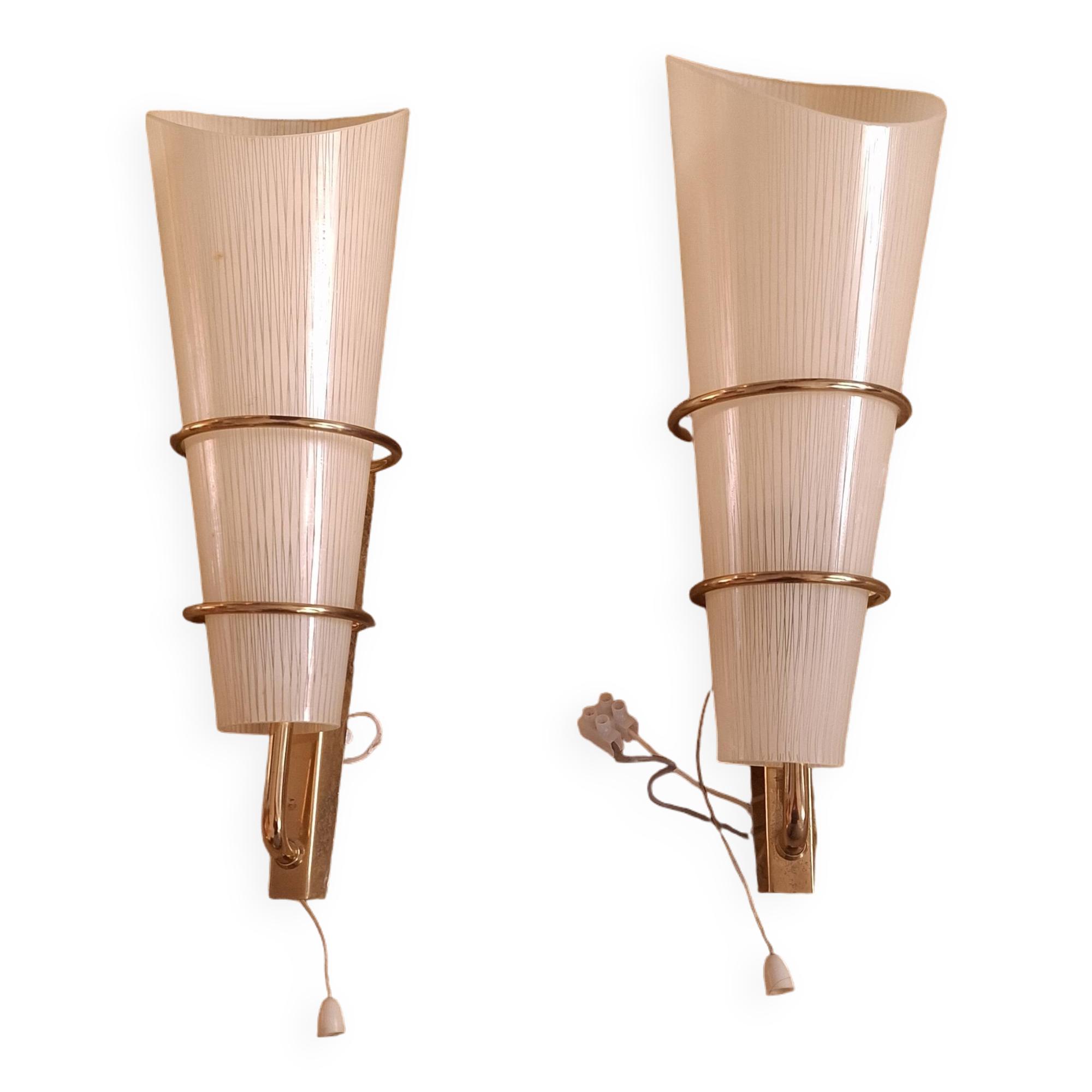 2 60's design wall lights in italian brass and glass