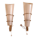 2 60's design wall lights in italian brass and glass