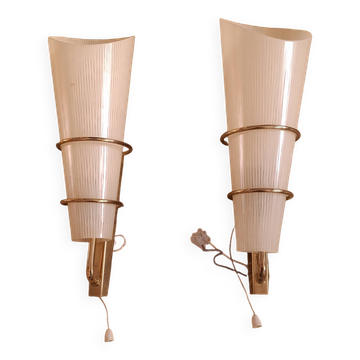 2 60's design wall lights in italian brass and glass