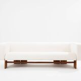 Italian Brutalist sofa in walnut and chenille velvet circa 1960