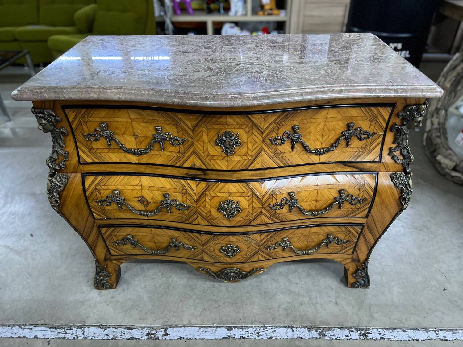 Louis XV style tomb chest of drawers in marquetry and marble