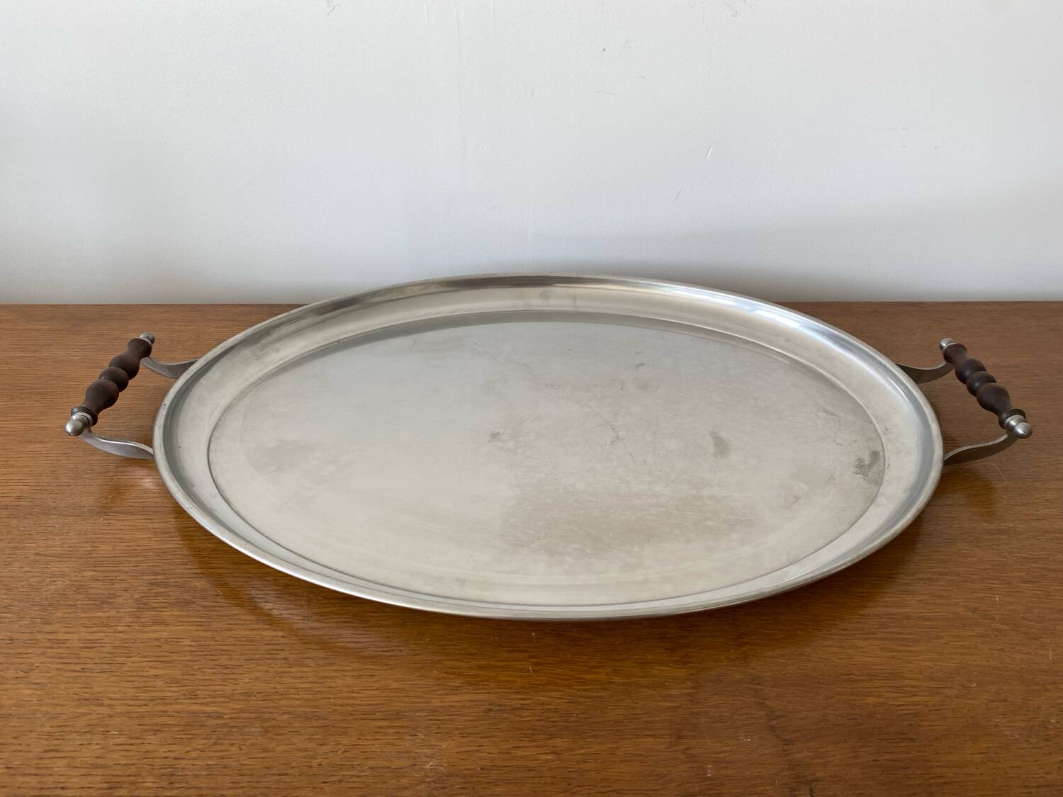 Old jean couzon serving tray stainless steel metal + vintage wooden handles #c
