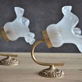 Lot of 2 wall lampshades glass tulip lampshades, gold metal supports