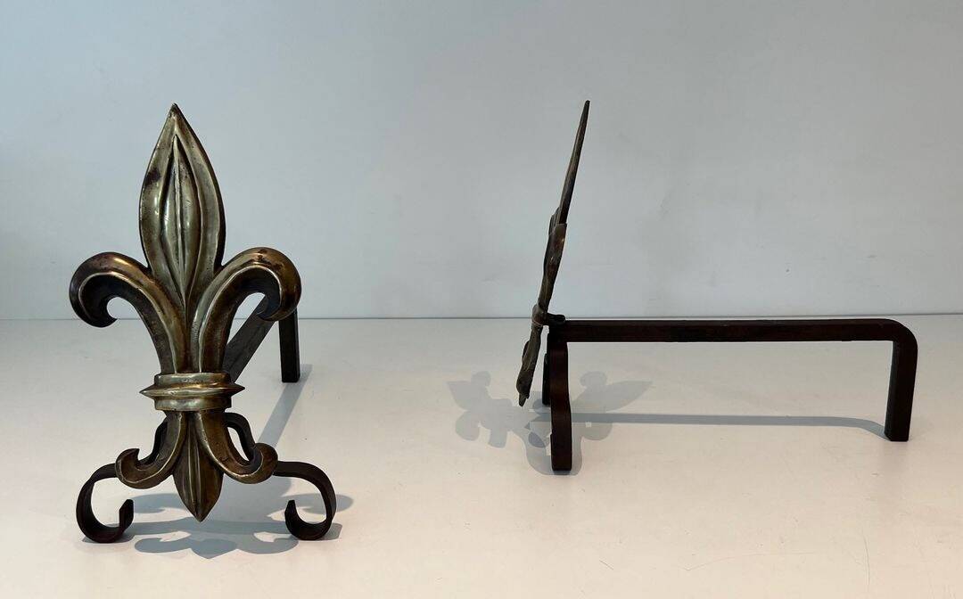 Pair of Bronze and Wrought Iron Chenets with Fleur-de-Lys Supports. France.