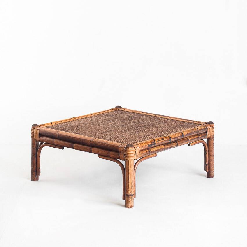 Vintage rattan and cane coffee table. France, 1970s