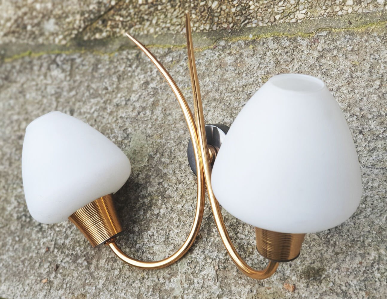 Double wall light, brass and opaline, Maison Arlus, 1950s
