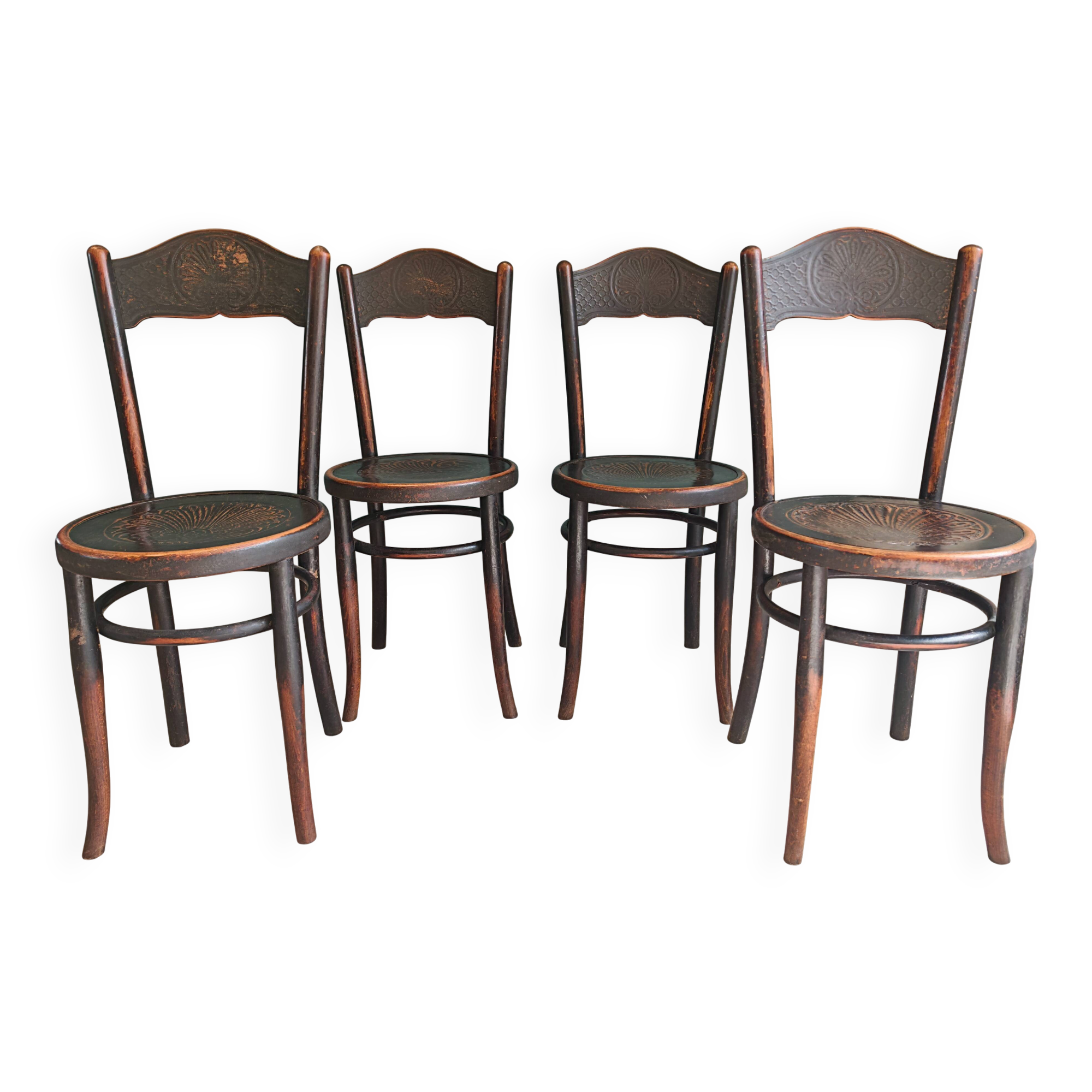 Rare set of 4 Jacob & Josef Kohn bistro chairs, bent wood, stamped 1900.