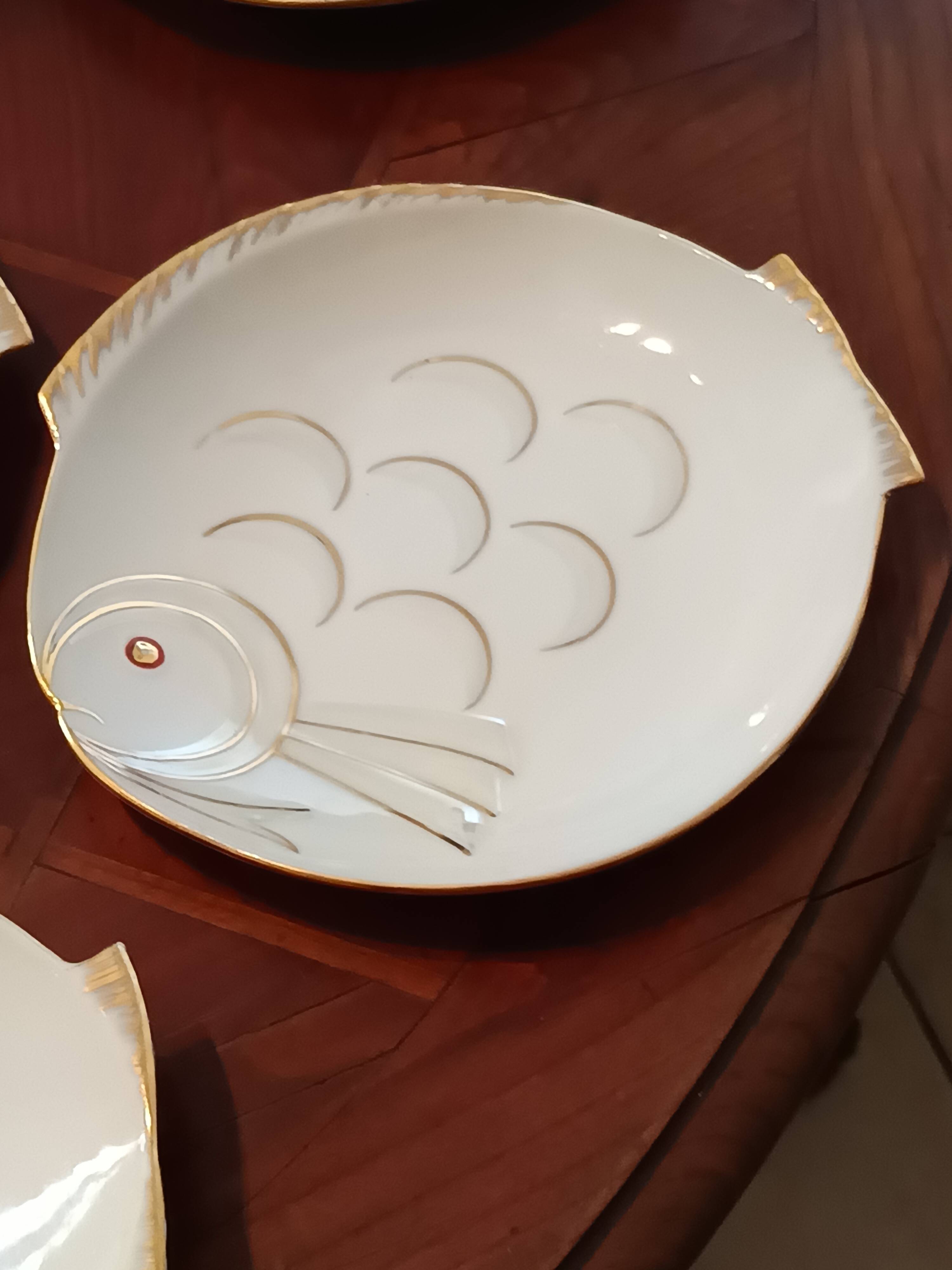 service à poisson 12 assiettes Limoges "Réva"  1940 peint à la main