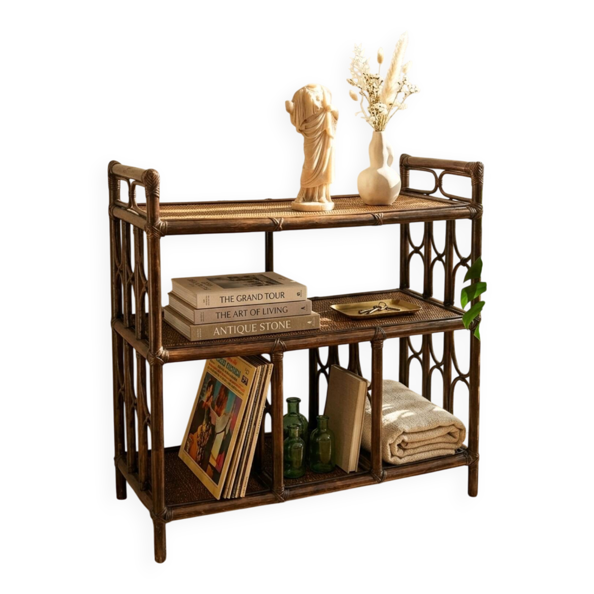 Étagère, console en rotin teinté
