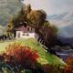 Tableau peinture à l'huile paysage signé Vernon cadre bleu gustavien et or