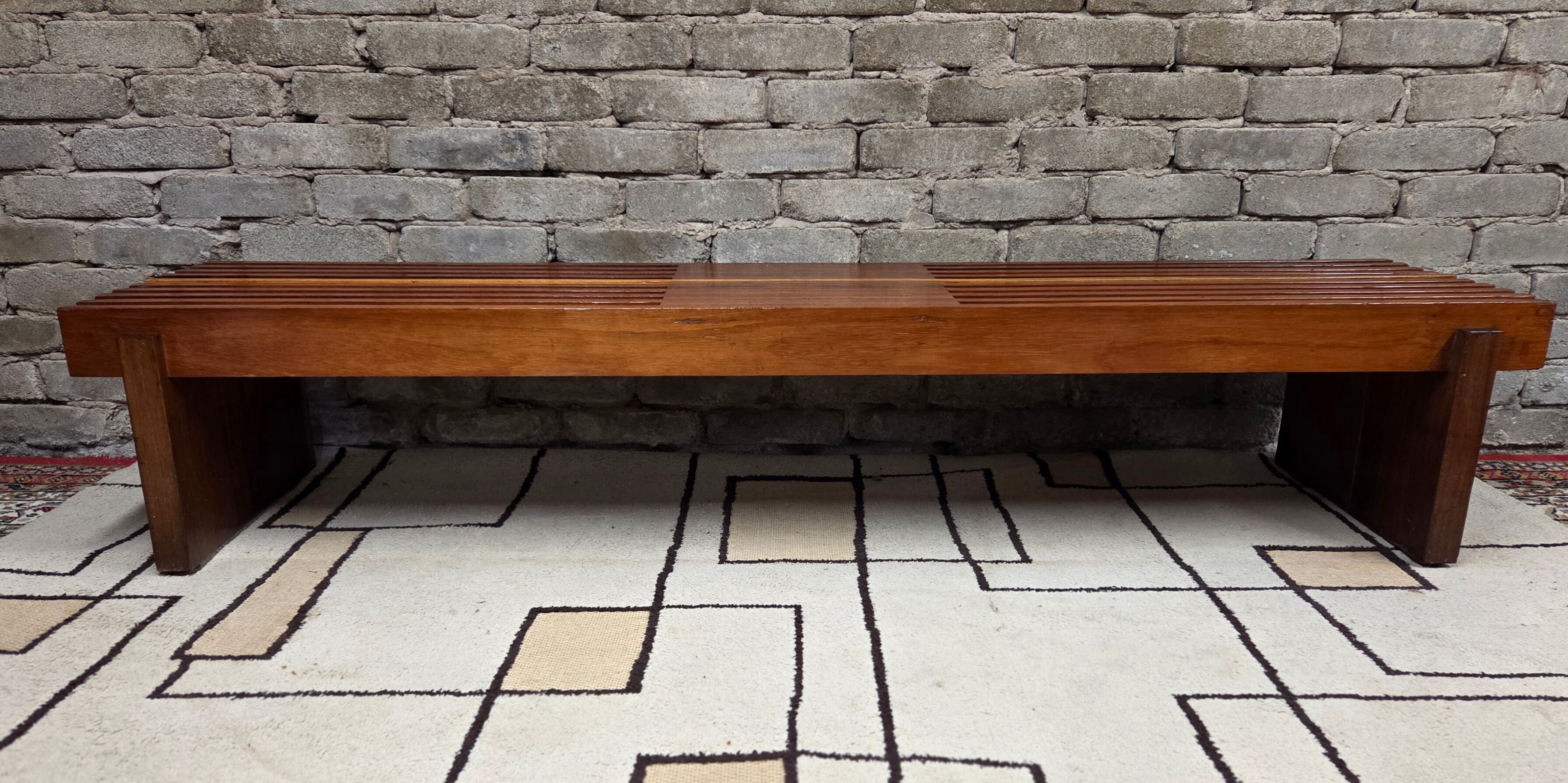 Vintage brutalist bench in solid teak with slats – 1970s