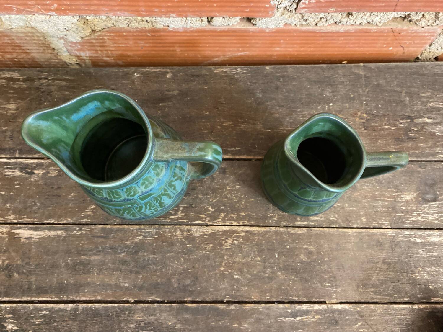Pair of Vintage 70s Green Glazed Ceramic Barrel-Shaped Jugs