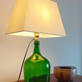Mid-Century Green Glass Demijohn Table Lamp, Brass Fittings, Contemporary Shade