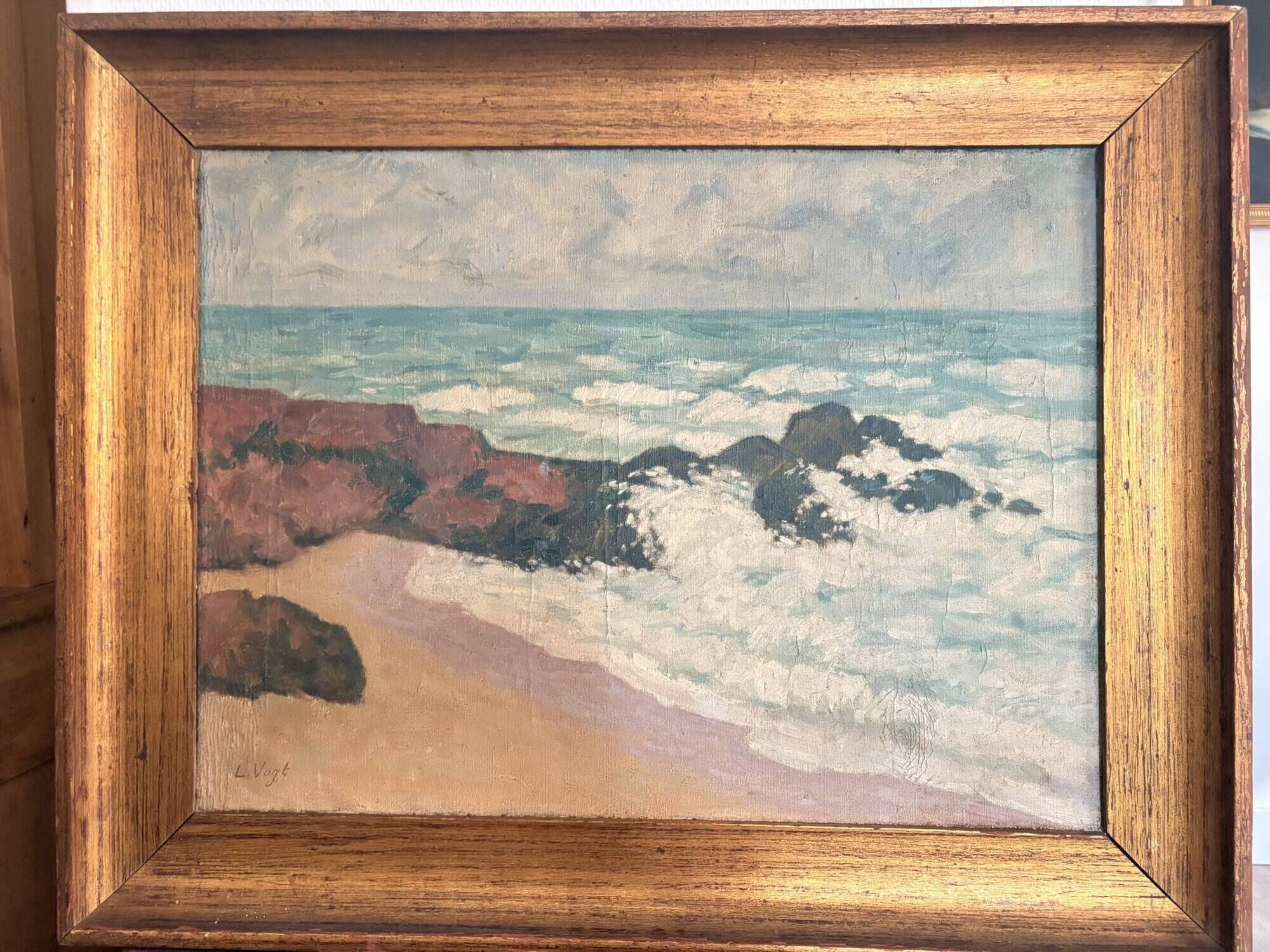 Table Oil Canvas Marine Sea Waves Lucien Vogt Painting Landscape Coast