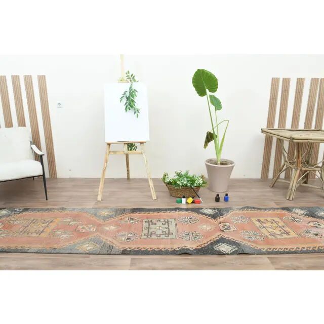 Orange Turkish Vintage Oushak Handmade Wool Rug Runner 76x374