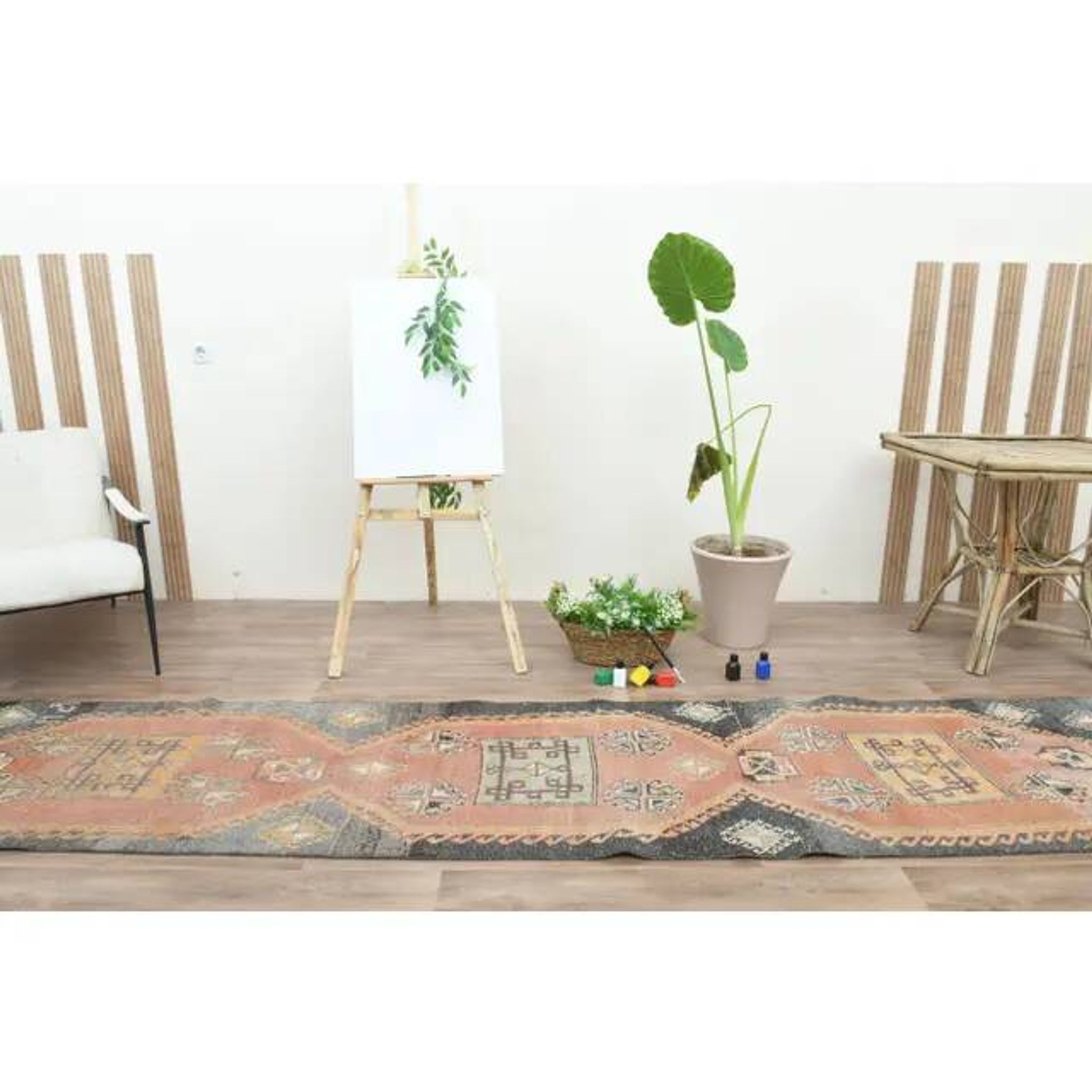 Tapis couloir vintage turc Oushak fait à la main en laine orange 76x374