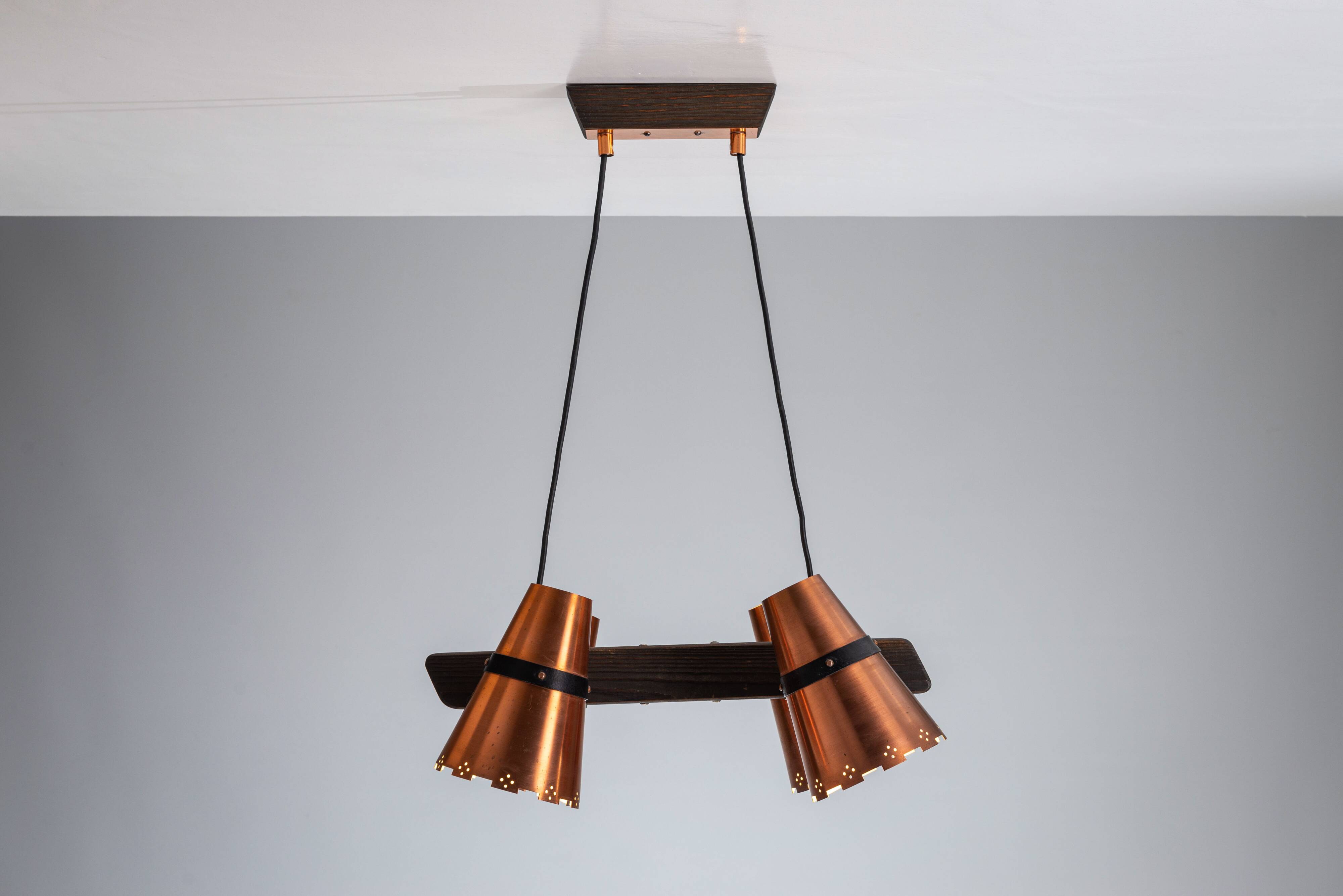 Ceiling lamp in dark stained wood with four brass shades, Sweden, 1960s