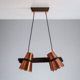 Ceiling lamp in dark stained wood with four brass shades, Sweden, 1960s