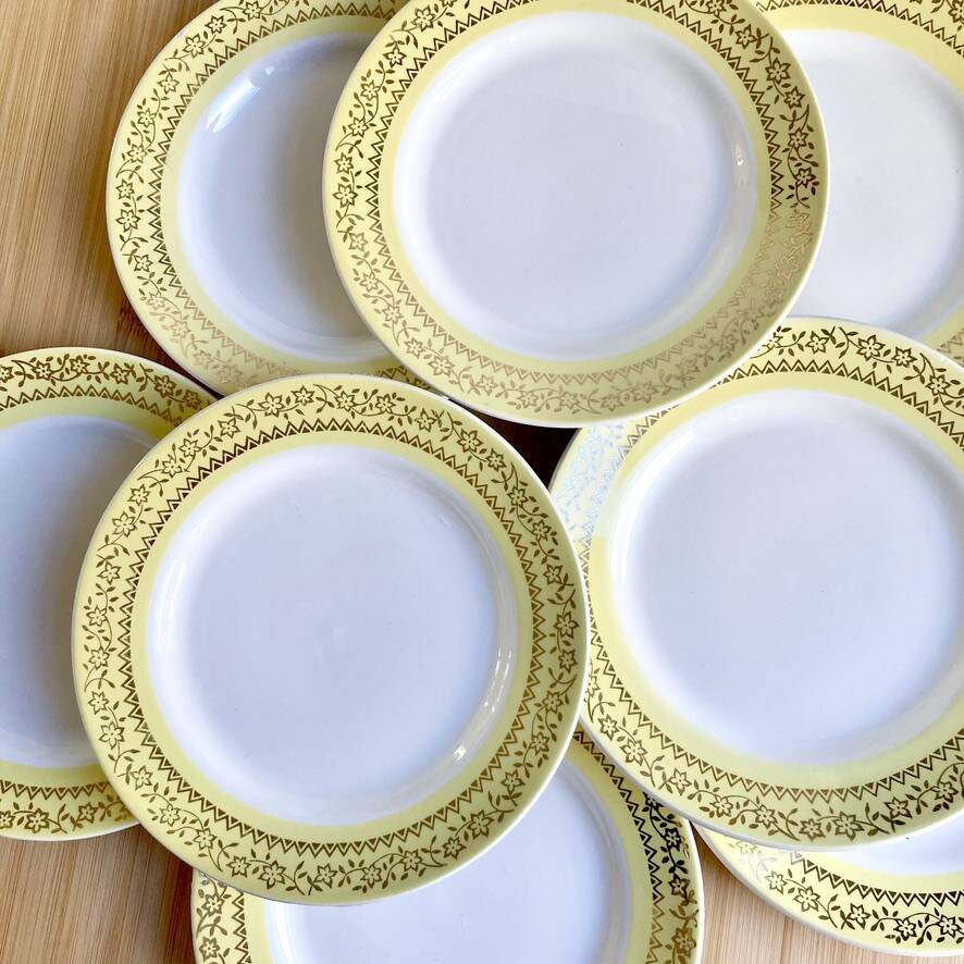 8 vintage yellow dessert plates