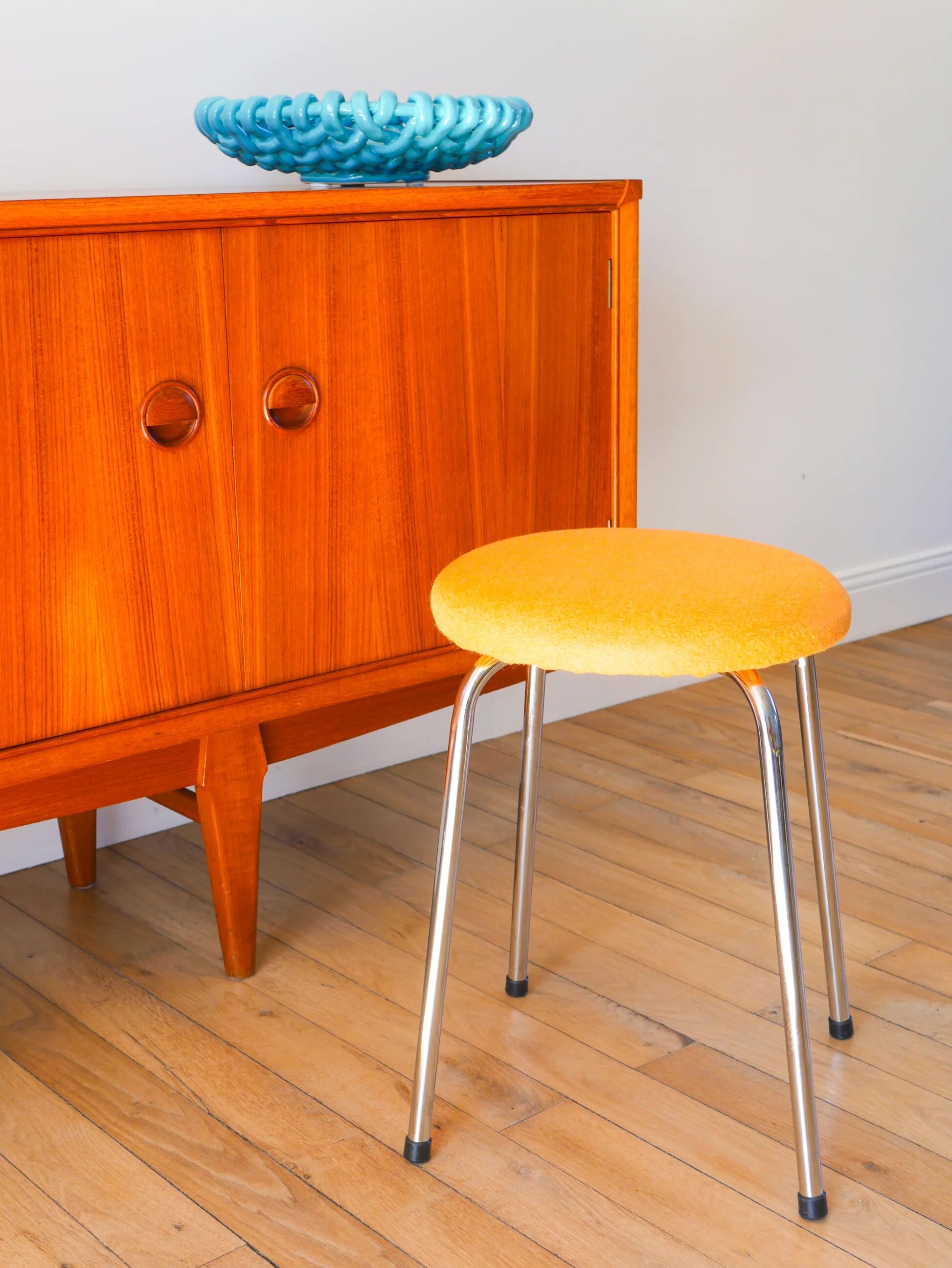 Chrome and boiled wool stool, orange, 1970.