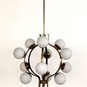 Stilnovo Italian Midcentury Chandelier, Brass & Opaline Glass, 1950s
