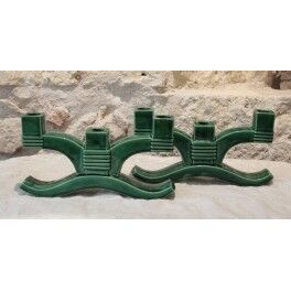 Pair of three-light candlesticks in green ceramic from around 1950-1960.