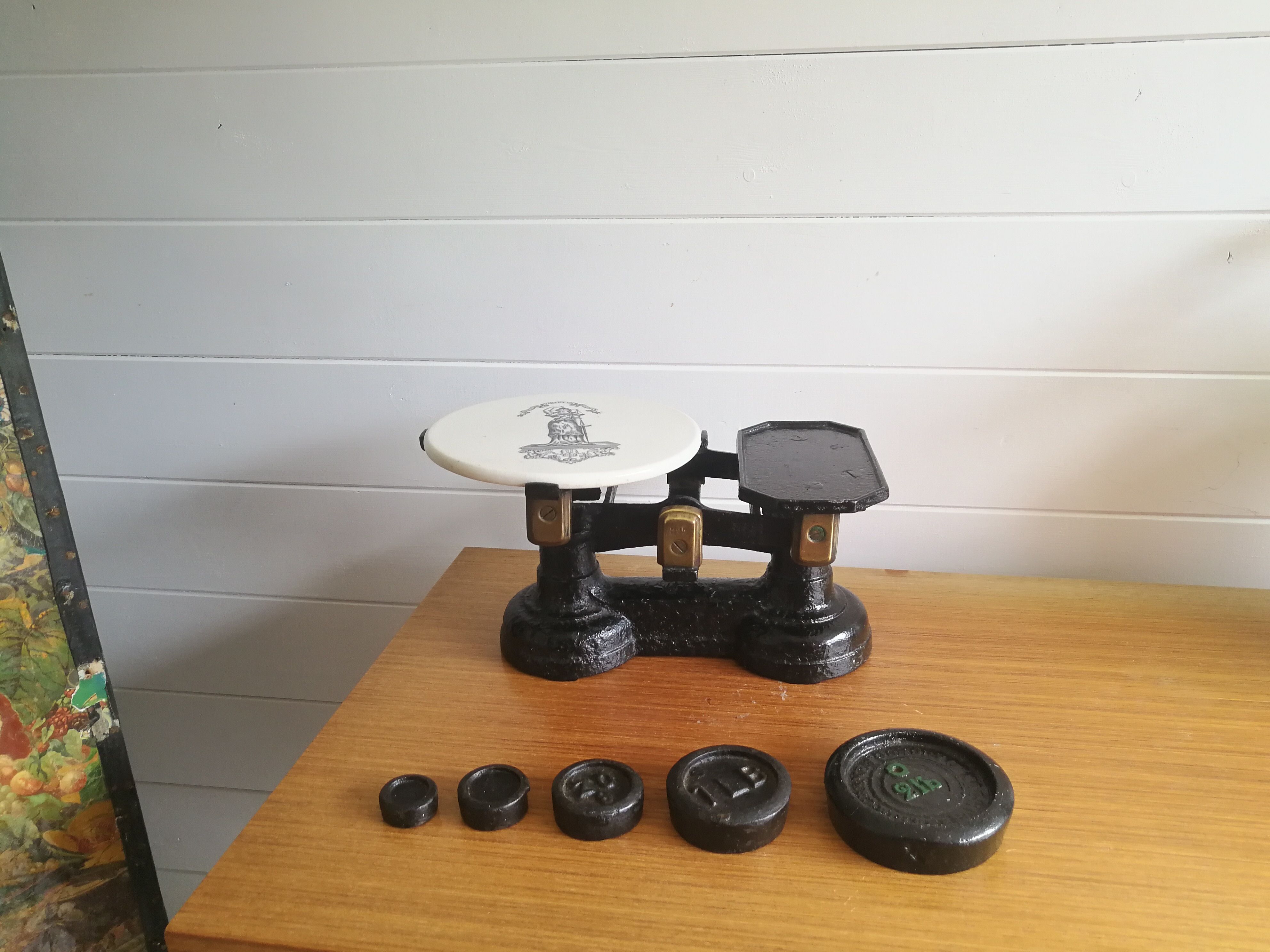 Antique Cast Iron Kitchen Scales With Ceramic Tray And Weights