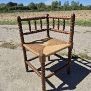 Vintage Dutch rustic corner chair bobbin turned oak with rush seating