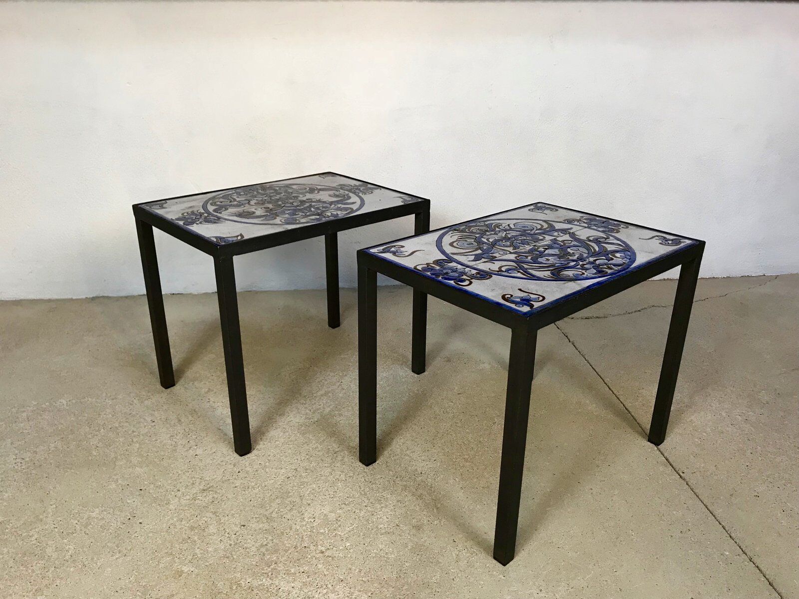 Italian ceramic tiles & steel side tables or nightstands, 1970s, set of 2