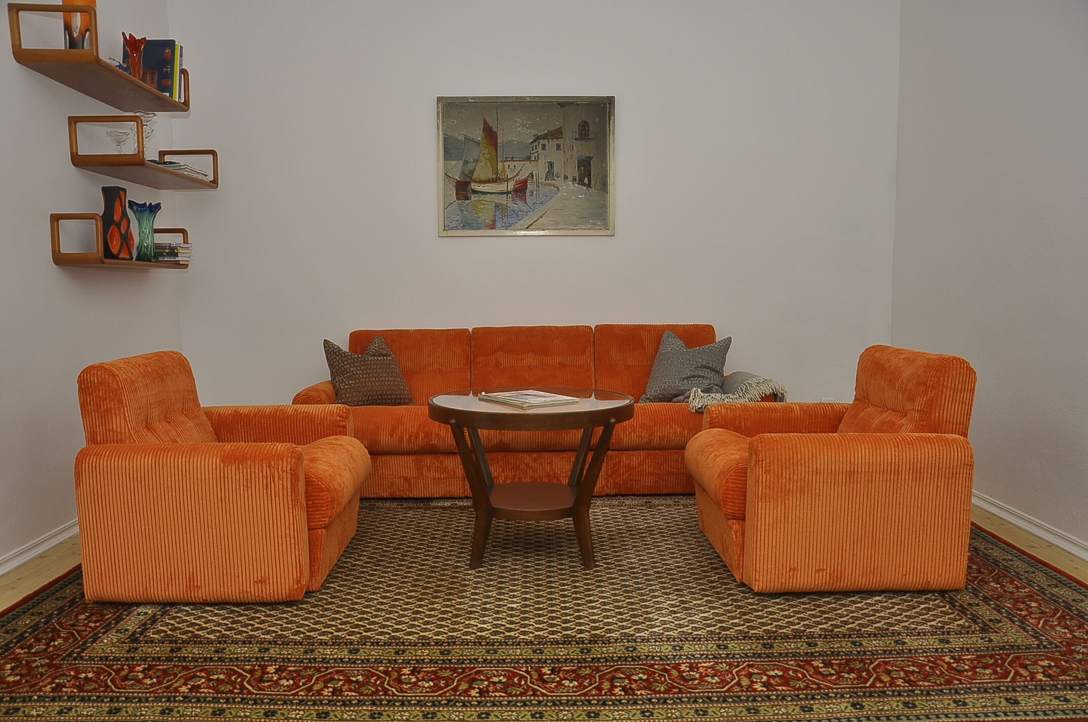 Orange corduroy modular sofa, 1970s.