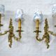 2 brass wall lights with toile de jouy lampshades