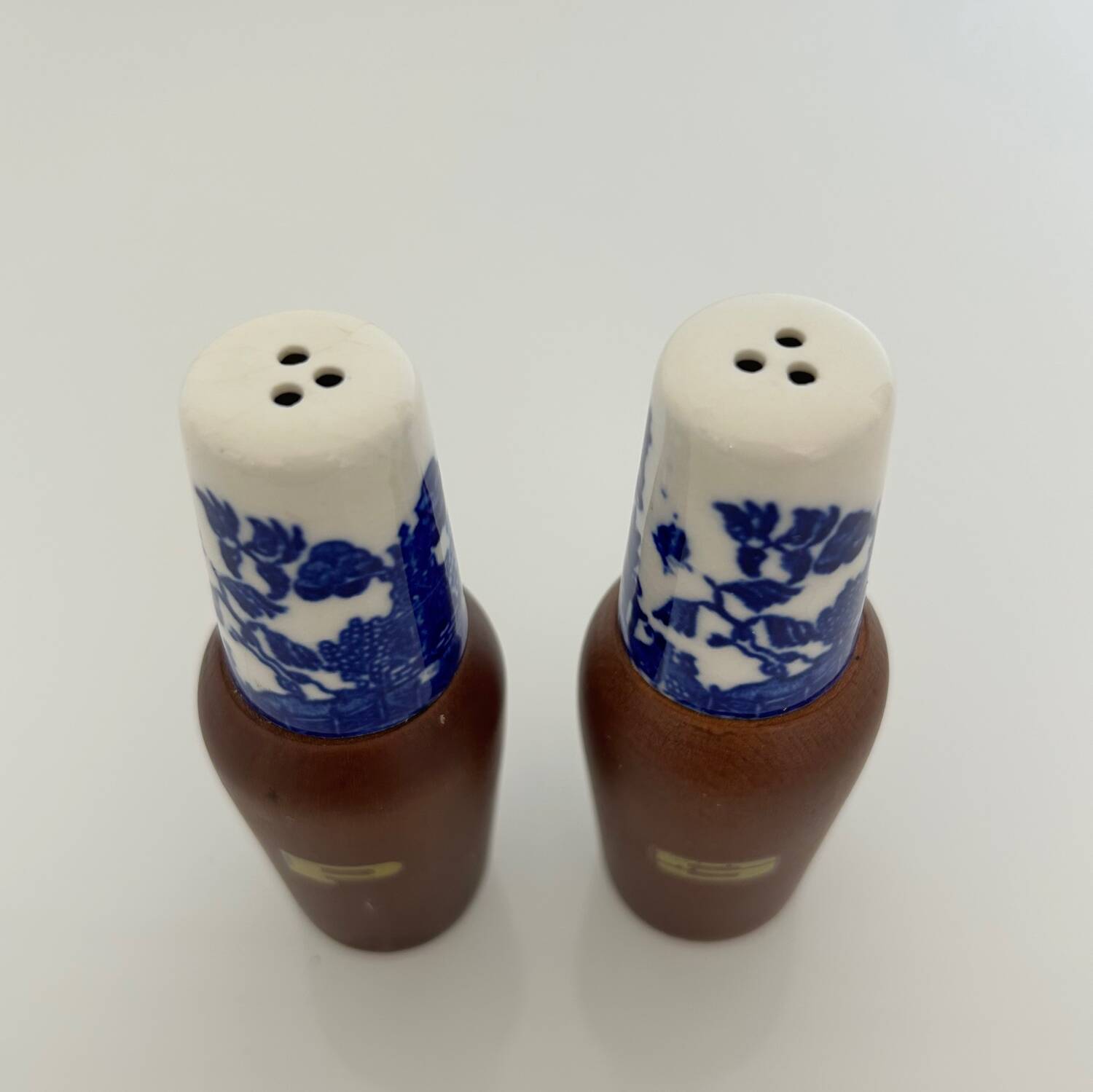 Salt and pepper shaker with blue decoration.