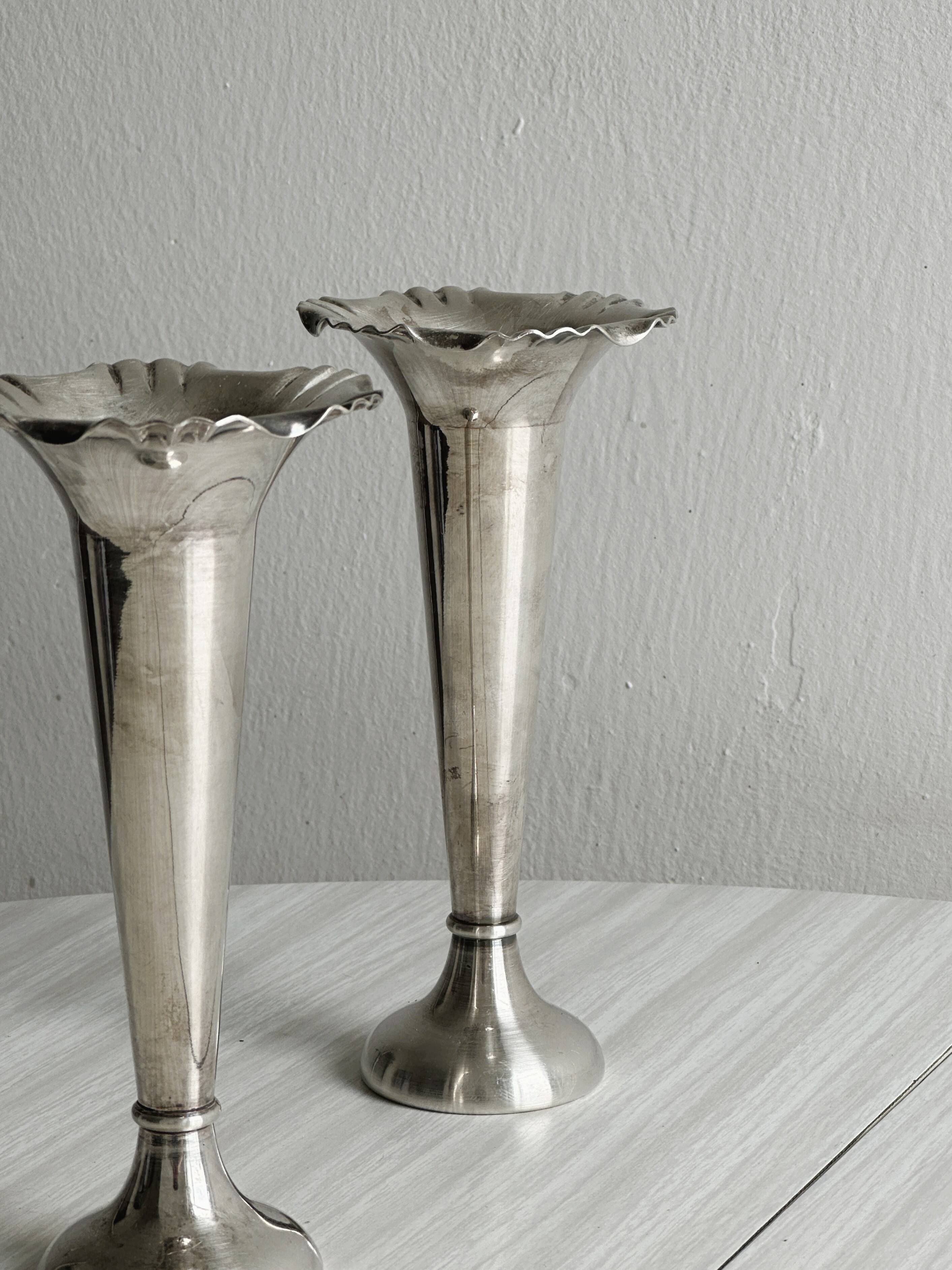 Pair of shiny silver metal vases