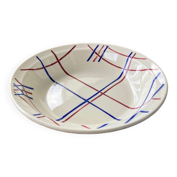 Antique Badonvillier round dish, red and blue intersecting lines