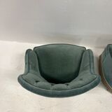 Duo of upholstered blue toad armchairs