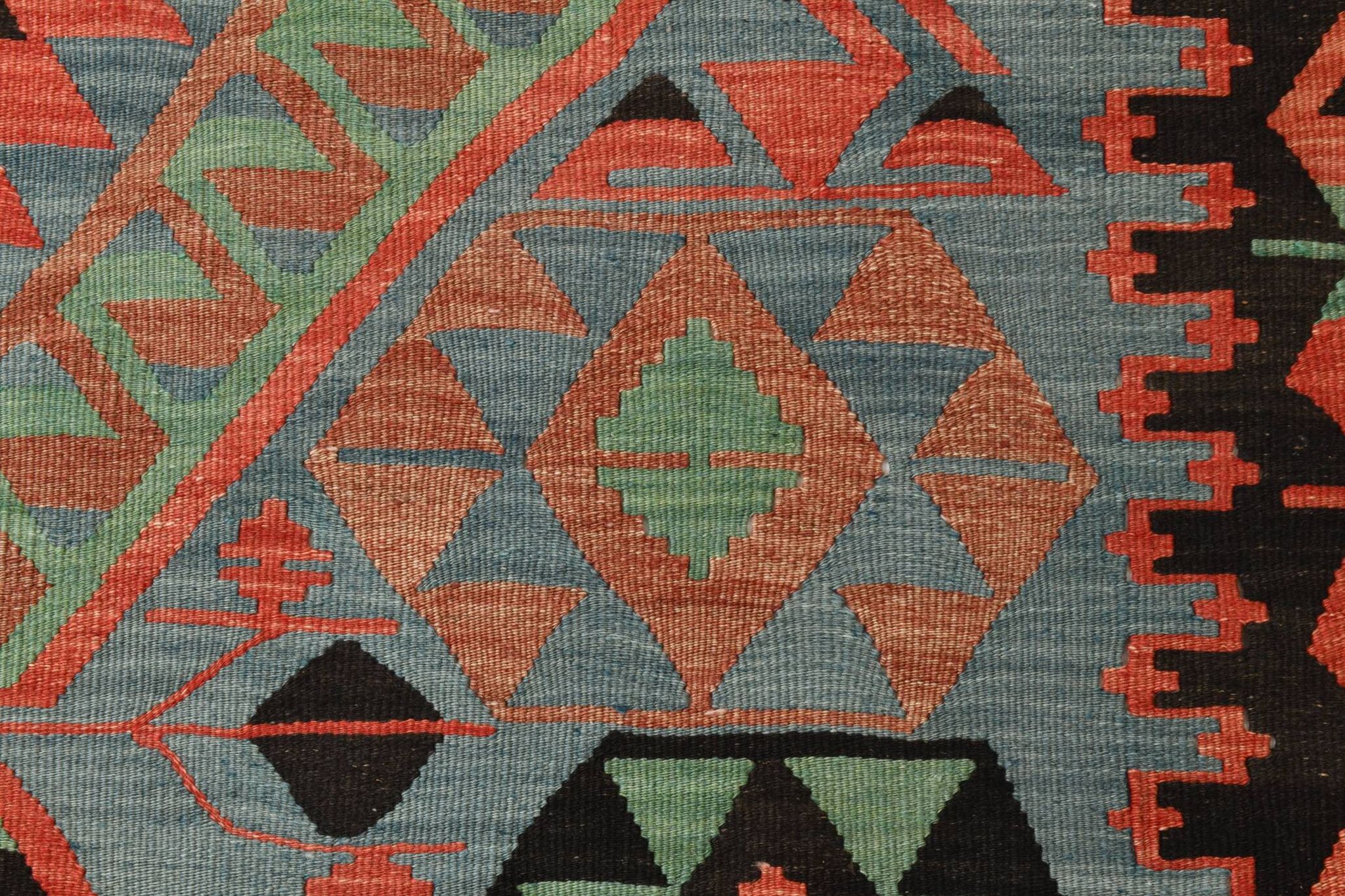 Kilim vintage anatolien tons bleu, vert et rouge géométrique, 160x317 Cm