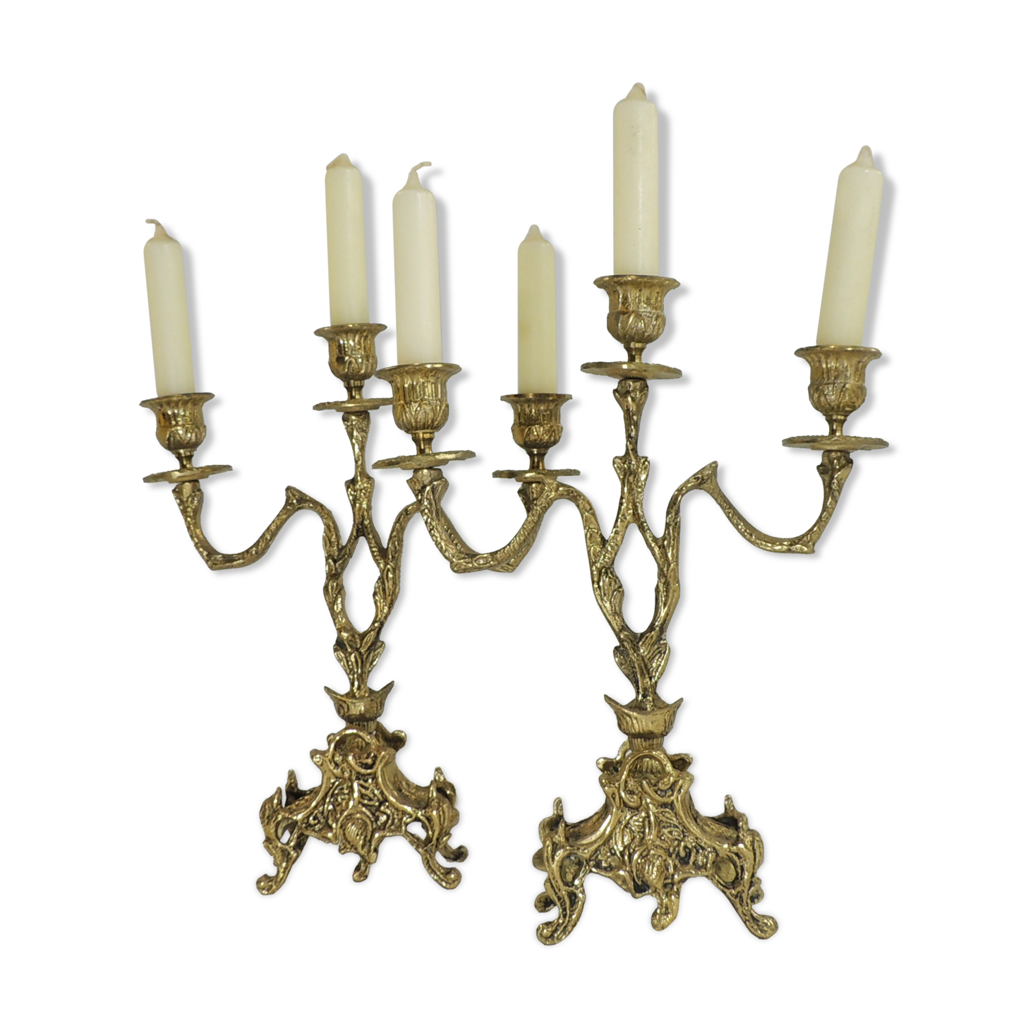 Pair of candle holders / golden brass / vintage / candelabra
