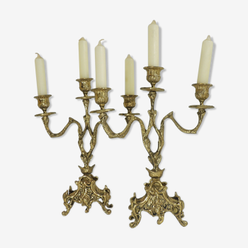Pair of candle holders / golden brass / vintage / candelabra