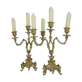 Pair of candle holders / golden brass / vintage / candelabra